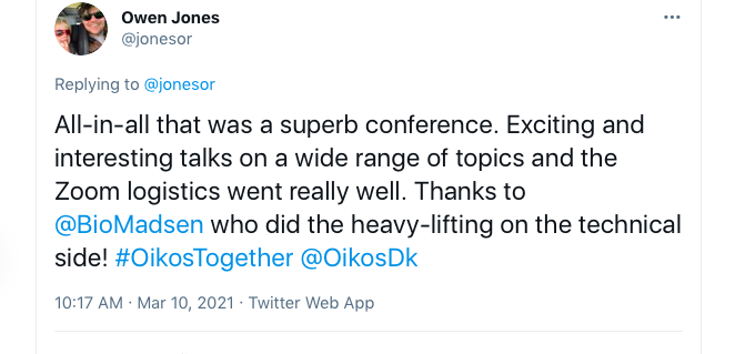Tweet from Oikos Denmark conference